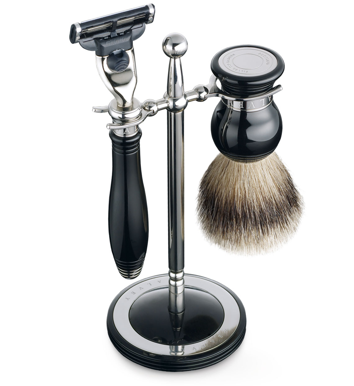 Classic Shaving Set Stand Black Handle Super Badger Brush Dalvey