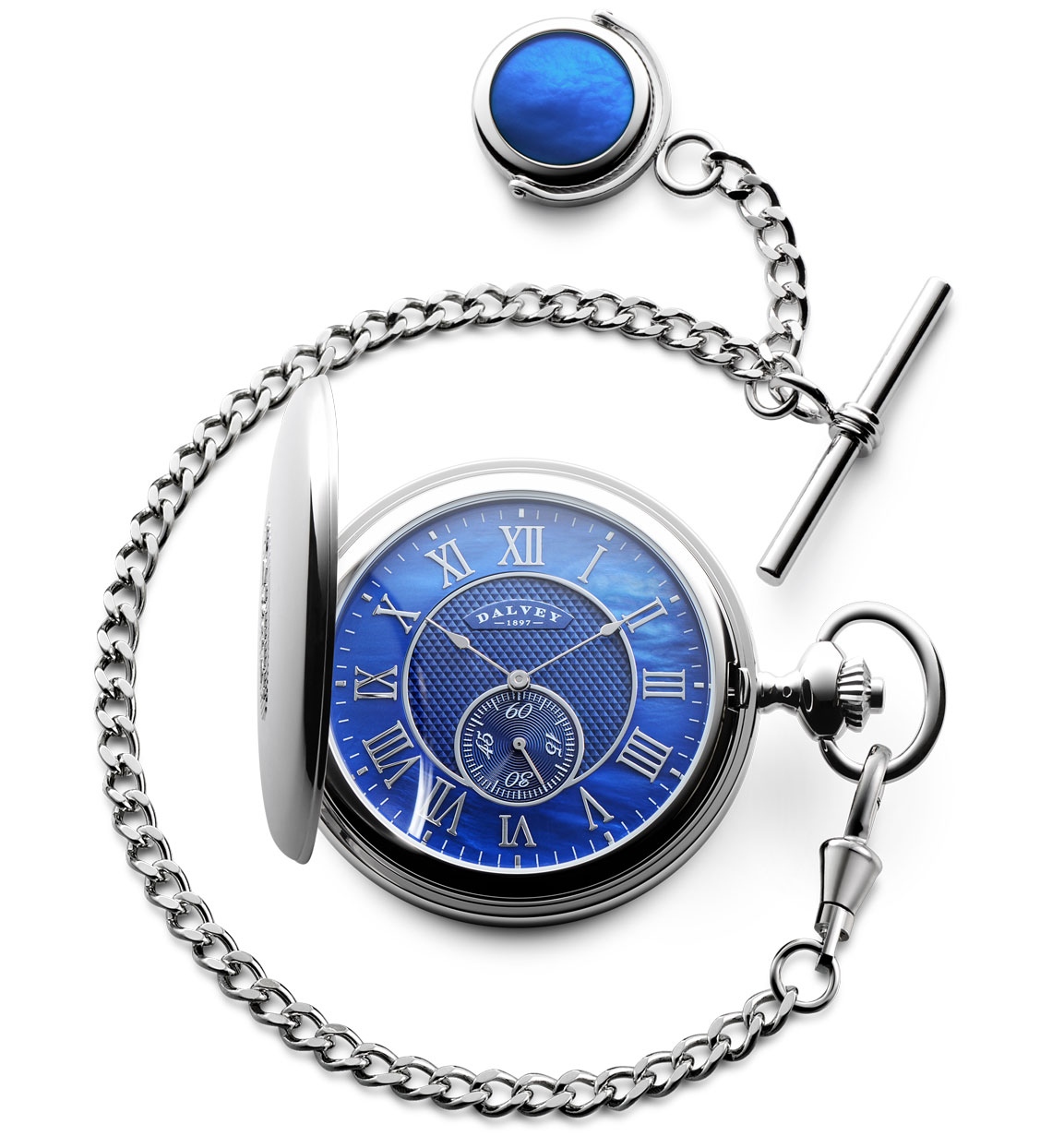 Full Hunter Pocket Watch / Fob Watch & Blue Mother Of Pearl Albert Chain