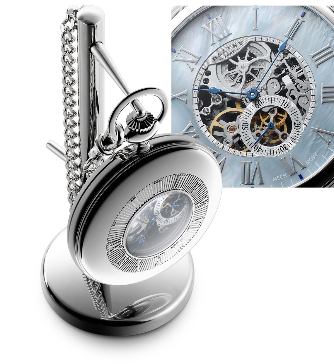 Reloj De Bolsillo Skeletal De Estilo Half Hunter Y Soporte Cerúleo